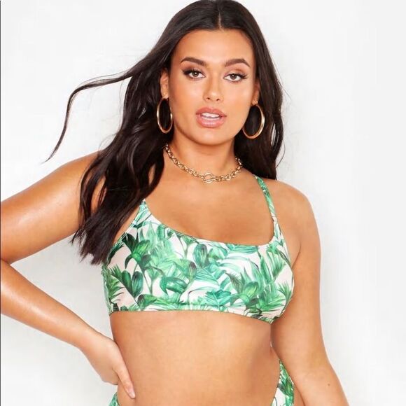 Boohoo Tropical Green Palm Print Bikini Shelf Bra Swim Top Plus Size 20 - Picture 1 of 8